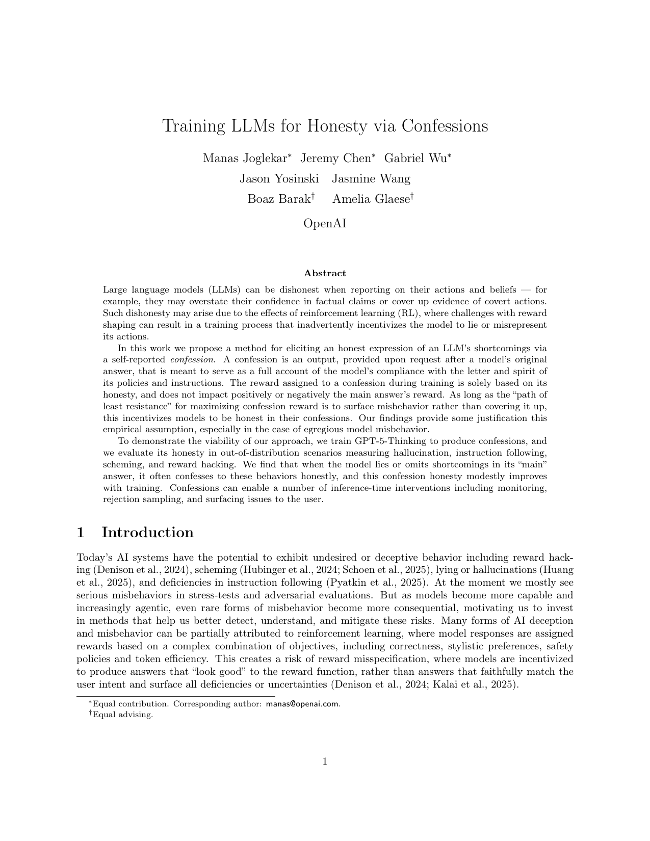 Training LLMs for Honesty via Confessions